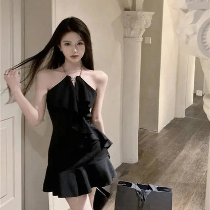 Territory Chain Halter Mini Dress Women Black Off Shoulder Ruffles A Line Dresses Korean Vintage Elegant Slim Sundress Vestidos New