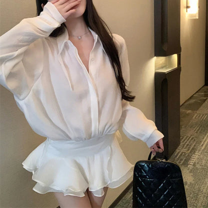 Territory Polo Collar Single-breasted Sexy Slim Long-sleeved Dress Women 2024 Spring New Korean Ruffles Solid Color Casual Mini Dress