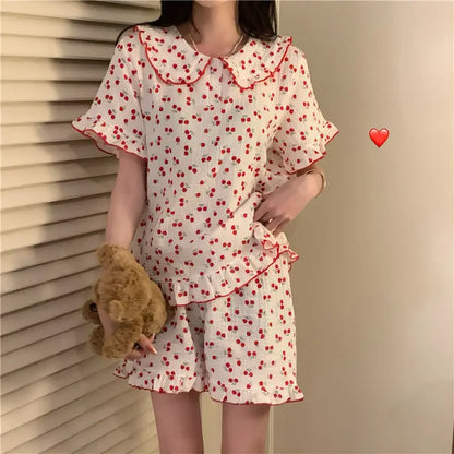 Territory Cotton Sleepwear Korean Pajamas for Women Summer 2024 Pijama Cherry Print Pyjamas Female Set Woman 2 Piece Cute Loungewear