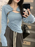 Territory  Y2K Korean Fashion Pink Cropped Sweater Women Harajuku Sexy Slim Knitted Jumper Vintage Casual Cardigan+Vest Set Tops