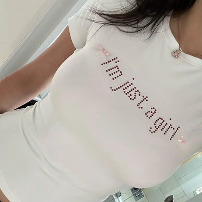 Territory Baby Tees Y2k 2000s Rhinestone Letters Short Sleeve Crop Top White Tshirt Women Trending Clothing Summer