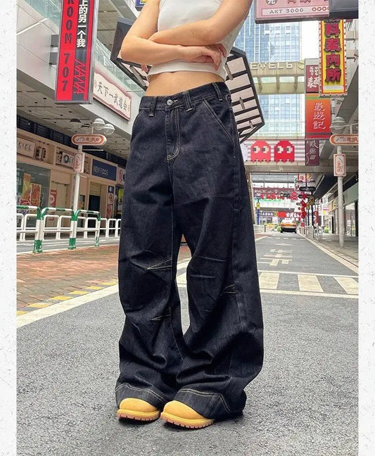 Territory Grunge Y2k Black Jeans Women Vintage Oversized High Street Cargo Denim Trousers Wide Casual Baggy Straight Denim Pants