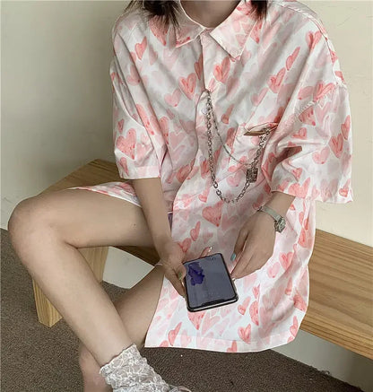 Territory Kawaii Girl Heart Print Shirts Women Cute Harajuku Collar Blouses Oversize Korean Casual Pink Tops Unisex Clothes