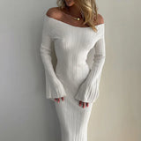 Territory Off Shoulder Flare Sleeve Long Dresses Women Black White Knitted Elegant Evening Dress Fall Y2K Clothes 2024