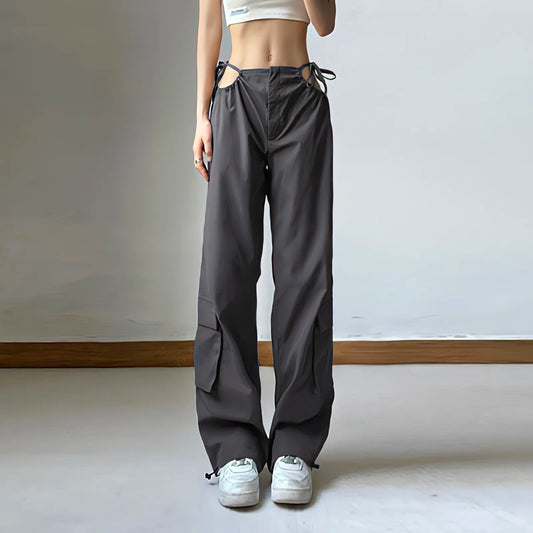 Territory Grey Cargo Pants Woman American Style Summer Drawstring The Pocket Casual Trousers Design Sense Streetwear Wide Leg Sweatpants