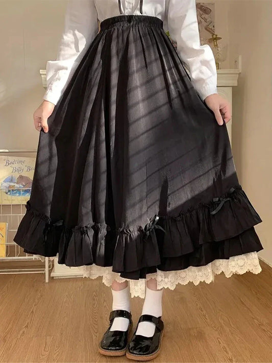 Territory Black Long Skirts Women Japanese Kawaii Preppy Style Lolita Skirt Female French Vintage Double Layer Lace Ruffled Pleated Skirts