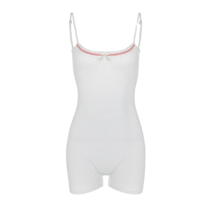 Territory Pastel Gothic Cute Women Playsuits Shorts Coquette Aesthetic Sexy Bodycon Kwaii Rompers White Bow Backless Ribbed Tops