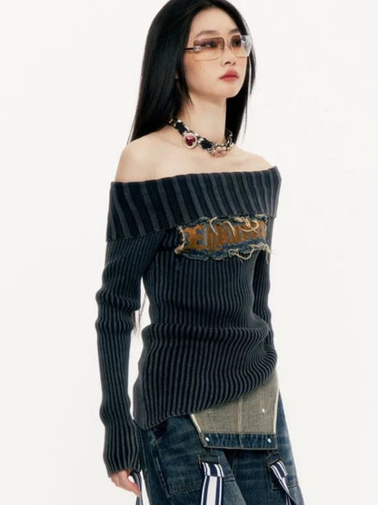 Territory Grunge Sweater Women Y2k Off Shoulder Knitted Pullover Punk Vintage Slim Fit Sexy Pulls Aesthetic 2000s Long Sleeve Jumper