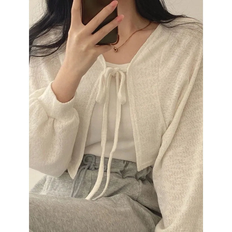 Territory Lace Up White Cardigan V Neck Knitwear Lantern Sleeve Women's Sweater Korean Fashion Spring Knit Oversize Wear To Work