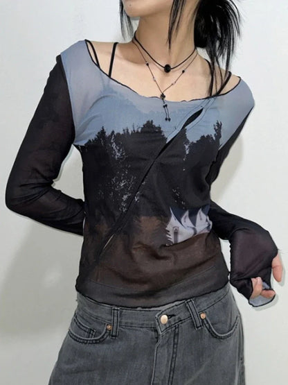 Territory See Through Gauze Vintage Print Crop Top Autumn Long Sleeve Fashion Bottoming Tshirts Y2k Aesthetic Harajuku Slim Women T-shirt