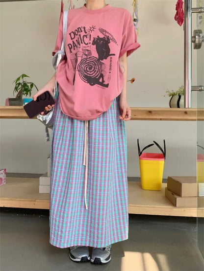 Territory Korean Fashion Plaid Skirt for Women Y2k Grunge Mid-length Loose Skirts 2024 Spring New High Waist A-line Faldas Mujer