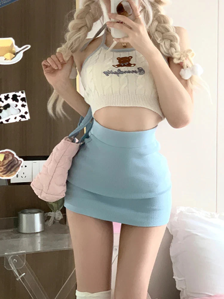 Territory Japanese Kawaii 3 Piece Set Women Autumn Korean Designer Mini Skirt Suit Female Sweet Tank Tops＋Casual Coat＋Sexy Slim Skirt