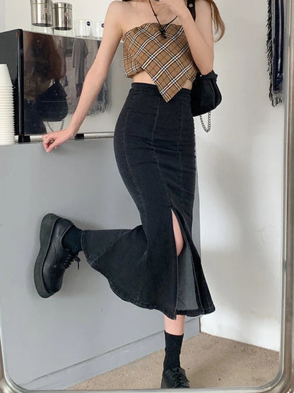 Territory Black Denim Long Skirt Women Vintage High Waist Split Bodycon Ruffles Pencil Mermaid Midi Skirt Summer Japanese Fashion