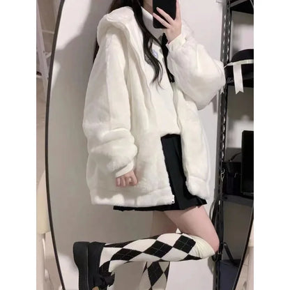 Territory  Women Zip Hoodie Thicken Fuzzy Fleece Sweatshirts Harajuku Bear Ear Oversize White Coats Cute Soft Winter Outerwear New