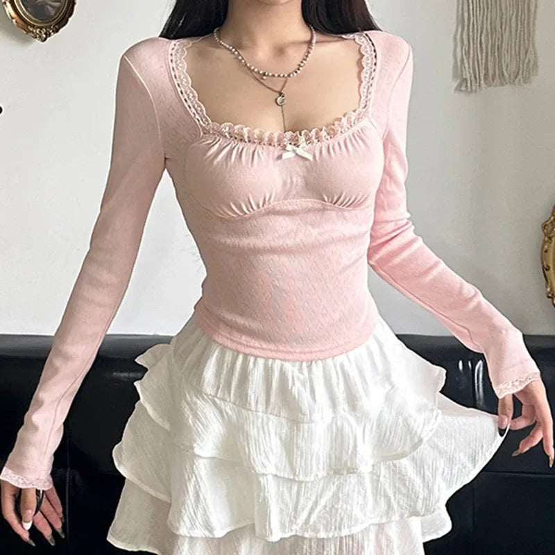 Territory Jacquard Knit Top Pink White Bow Decorate Lace Stitching Square Collar Tops Autumn Spring Slim-fit Tees Cute