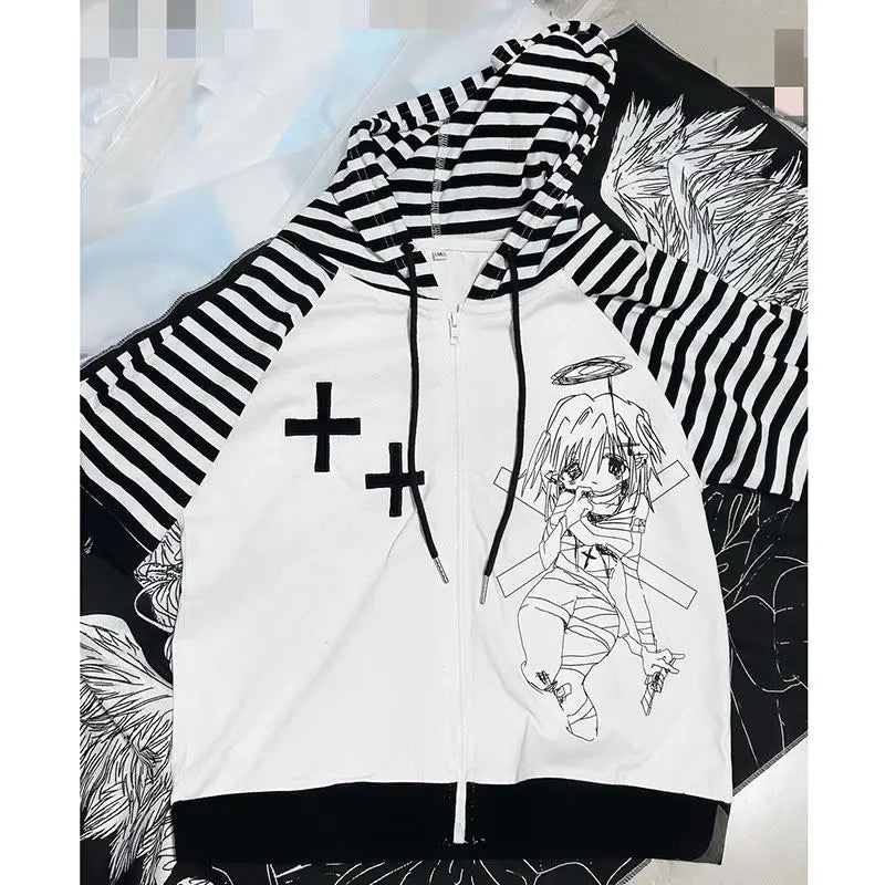 Territory kawaii Stripes patchwork t shirts women japanese fashion harajuku cute cartoon print zipper hooded loose tees tops 2024