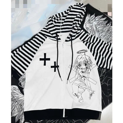 Territory kawaii Stripes patchwork t shirts women japanese fashion harajuku cute cartoon print zipper hooded loose tees tops 2024