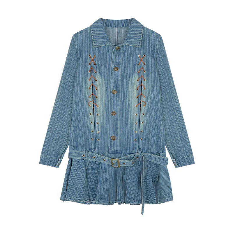 Territory Korean Retro Lace-up Pleated Casual Long-sleeved Dress Women 2024 Spring New Polo Collar Loose Distressed Denim Dress with Belt