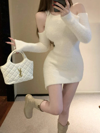 Territory 2024 Autumn Bodycon Knitted Party Dress Women Casual Long Sleeve Elegant Sexy Y2k Mini Dresses Faux Fur One Piece Dress Korean