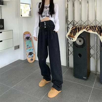 Territory High Waist Women Wide Leg Jeans Autumn Winter Black Gray Breasted Loose All Match Straight Trousers Y2K Streetwear Denim Pants