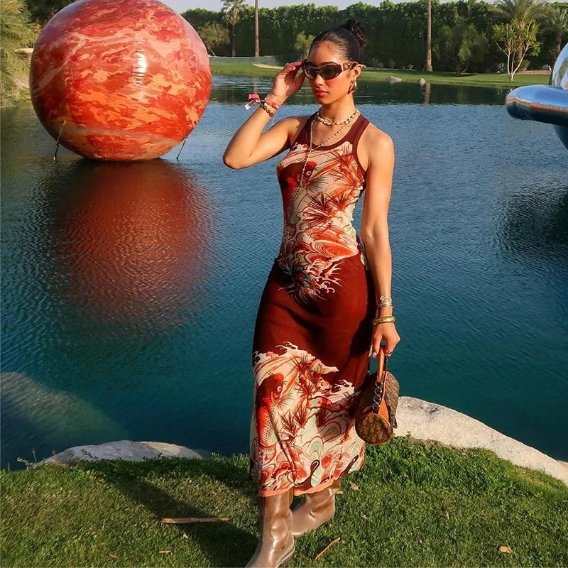 Territory Red Vintage Print Mesh Sheer Summer Women's Dresses Elegant Outfits For 2024 Sexy Sleeveless Bodycon Long Dress