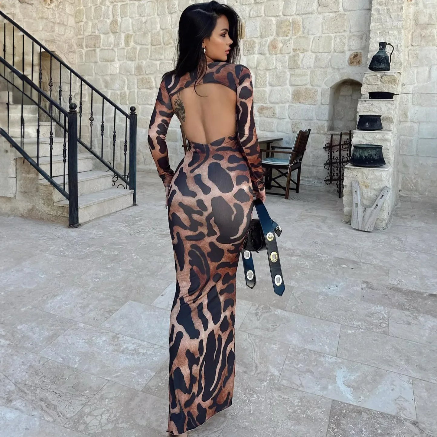 Territory Cut Out Backless Long Sleeve Maxi Dresses For Women 2024 Elegant Sexy Winter Party Leopard Print Bodycon Dress