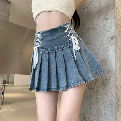 Territory Denim Pleated Skirt Korean Fashion Women Bandage High Waist A-line Cute Sexy Cargo Jean Mini Skirt Summer Y2k Girl