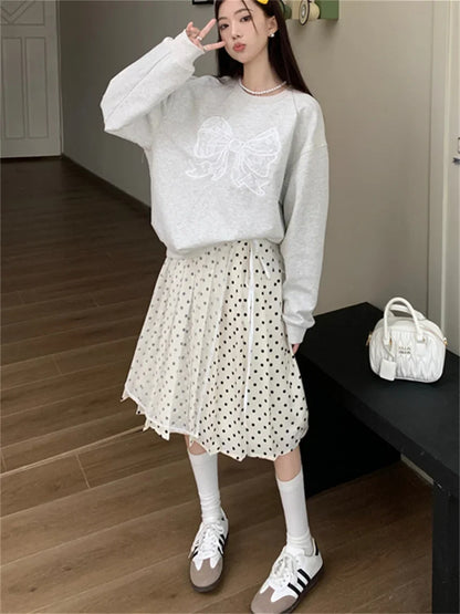 Territory Oversize Sweatshirts Women Grey Chic Casual New All Match 2024 Polka Dots Maxi Skirts Daily Office Lady Spring