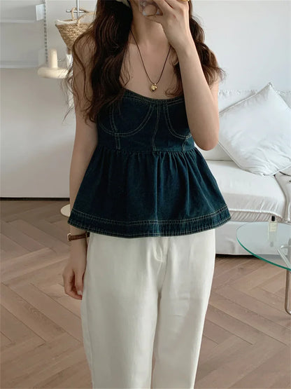 Territory High Street Slim-Fit Denim Tank Tops Outwear Summer Daily Jeanswear Chic Stylish Office Lady Night Club