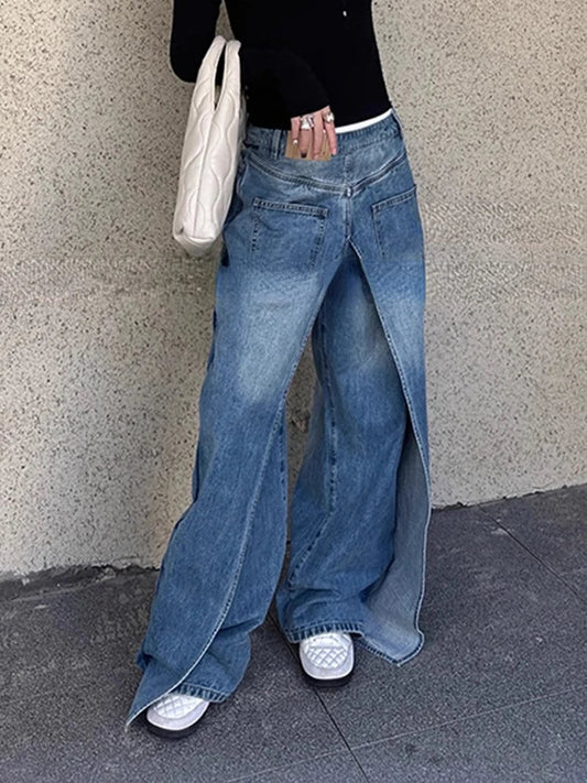 Territory Oversize American Blue Jeans for Women 2024 Spring New Fake Two Piece Denim Pants Y2k E-Girl High Waist Loose Wide Leg