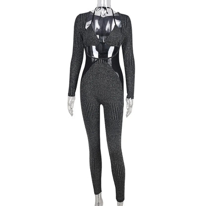 Territory Autumn and winter 2024 chest-wrapped two-piece set with straps hollow nylon long-sleeved jumpsuit high elasticity for women