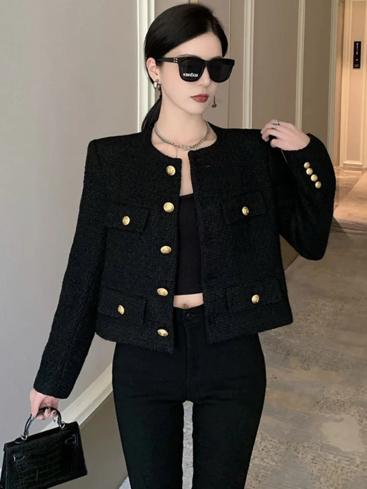 Territory Fall Winter French Vintage Small Fragrant Tweed Jacket Coat Women Elegant Casual Woolen Short Coats Streetwear Outwear Crop Top