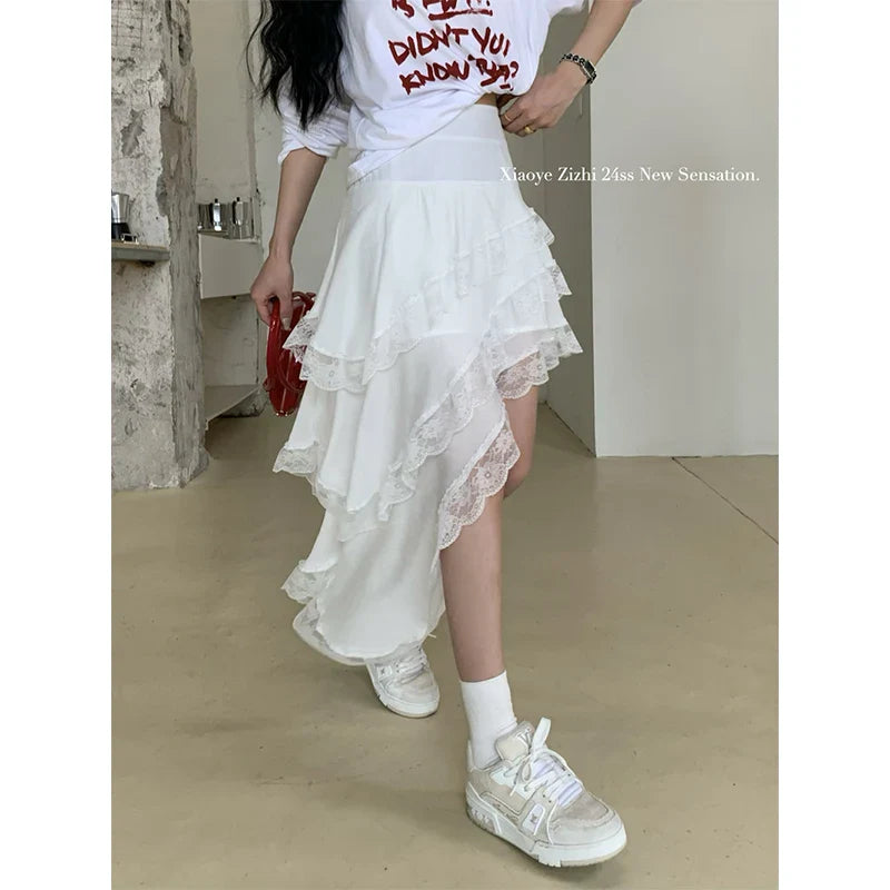 Territory  Y2K White Irregular Midi Skirt Women Gothic Black Lace Patchwork Skirts Harajuku Korean High Waist Casual A Line Skirt New