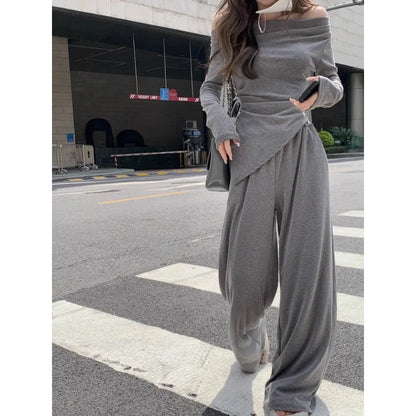 Territory Autumn New Streetwear Sexy Backless Irregular Long-sleeved T-shirt Women + Loose Casual Wide-leg Pants Two-piece Suit