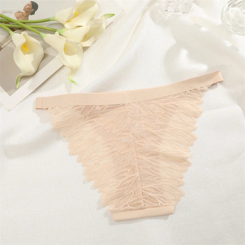 Territory Floral Pattern Perspective Breathable Panties Women Low Rise Underwear Adjustable Waist Seamless Fabric Splicing Lace Lingerie