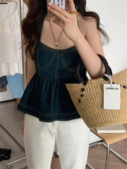 Territory High Street Slim-Fit Denim Tank Tops Outwear Summer Daily Jeanswear Chic Stylish Office Lady Night Club