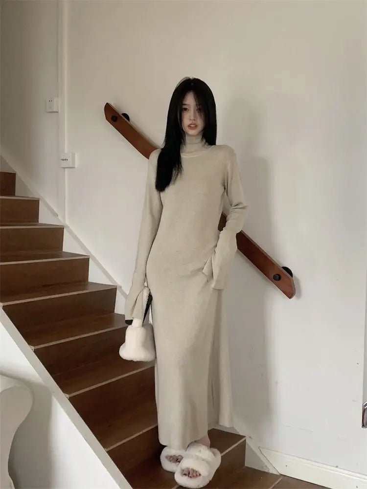 Territory Korean Style Knitted Dress Women Turtleneck Long Sleeve Maxi Dress Casual Elegant Black Bodycon Dress Female Winter