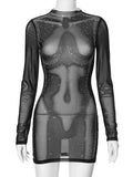 Territory Glitter Diamonds Sparkling Women Dress Black Sexy See Through Mesh Evening Dress Spring Skinny Elegant Party Clubwear