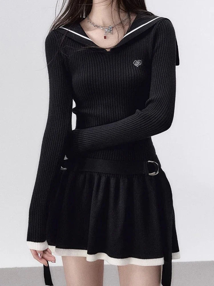 Territory Knitted Mini Dress Women Preppy Style Long Sleeve Dresses Vintage Fashion Sailor Collar Dress Ladies Autumn Chic Sweater Dress