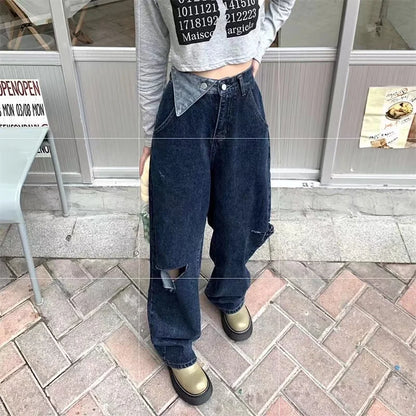 Territory Hot Girl  High Waist Baggy Jeans Woman Hole Vintage Streetwear Hip-hop Stylish Wide Leg Trouser Female Daily All-match Trendy