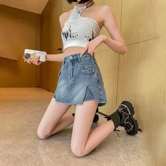 Territory High Waist Denim Skirts Y2k Harajuku Vintage Sexy Solid Color Irregular Mini Skirt Shorts Summer Oversized Women's Clothing