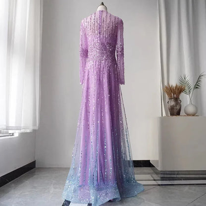 Territory Purple A Line Long Sleeves Muslim Arabic Elegant Evening Dresses Customized  Luxury Party Gowns For Women