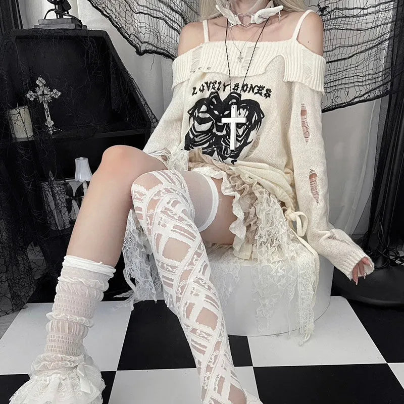 Territory Gothic Y2k Women Sweater Off Shoulder Pullovers Harajuku Anime Graphic Knitwear Hollow Out Kint Spring Oversize Jumper