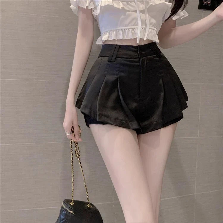 Territory 2024 Summer New Wide Leg Shorts Fashion Simple High Waist Ruched Skirts  Y2k Grunge Thin Lace White Short Femme