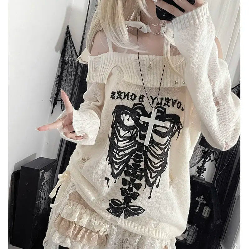 Territory Gothic Y2k Women Sweater Off Shoulder Pullovers Harajuku Anime Graphic Knitwear Hollow Out Kint Spring Oversize Jumper