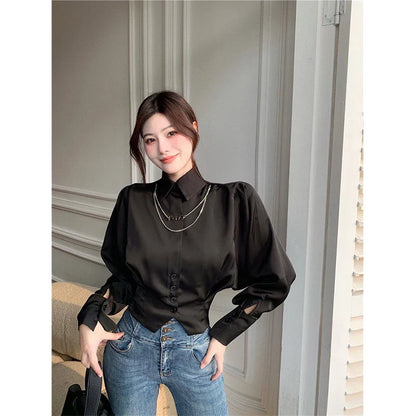 Territory Elegant Cropped White Shirts Women Korean Fashion Black Batwing Long Sleeve Blouses Office Ladies Basic Chic Tunic Tops