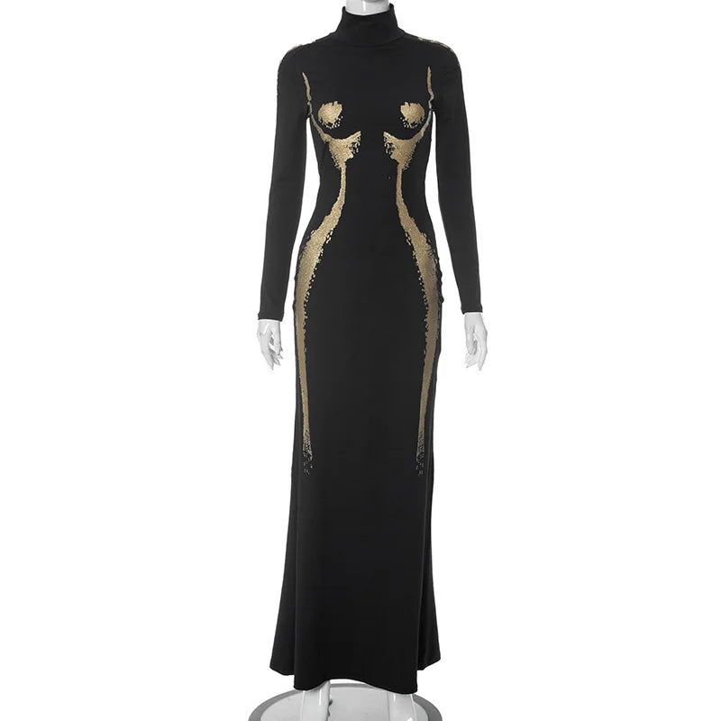 Territory Metallic 3D Body Print Black Evening Dress Elegant Turtleneck Long Sleeve Maxi Dresses Women Fall Winter Bodycon