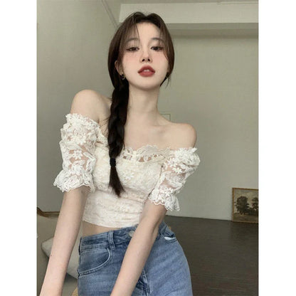 Territory Elegant Slash Neck Shirts Women Summer Lace Patchwork Crop Tops Sweet Korean Square Collar Puff Short Sleeve Slim Blouses