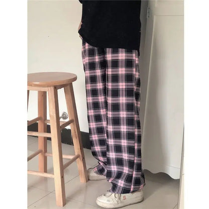 Territory Harajuku Pink Plaid Pants Women Japanese Y2K Cute Checked Trousers Oversized Korean Fashion Basic Wide Leg Sweatpants