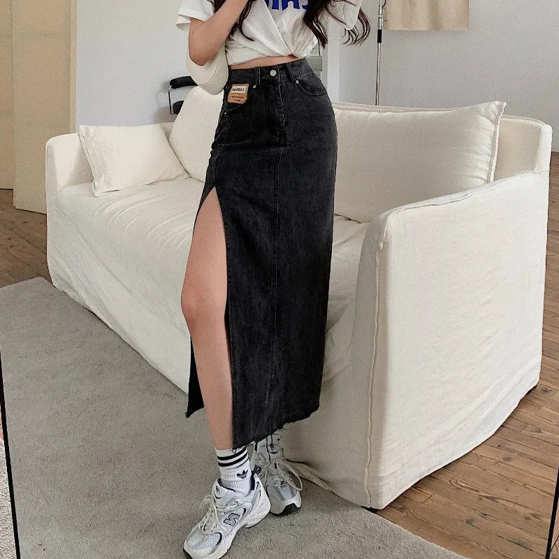 Territory Long Denim Skirt Vintage Women Solid High Waist  A-LINE Slim Korean Style Jean Slit Midi Skirt Summer Fashion Girl